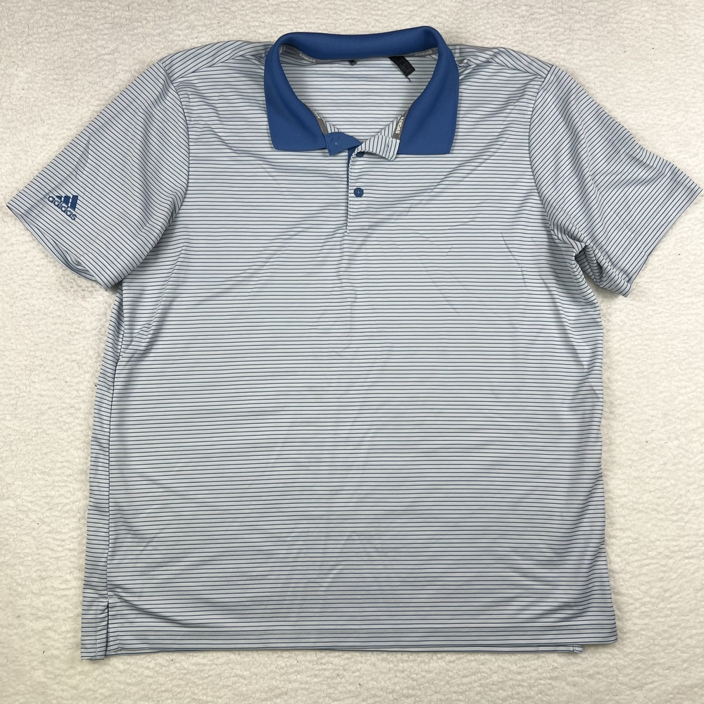 Adidas Polo Shirt Mens XL Striped Blue Short Sleeve Logo Golf Casual
